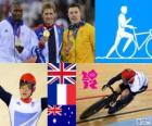 Podyum izlemek Bisiklete binme Erkekler bireysel sprint, Jason Kenny (Birleşik Krallık), Grégory Baugé (Fransa) ve Shane Perkins (Avustralya), Londra 2012